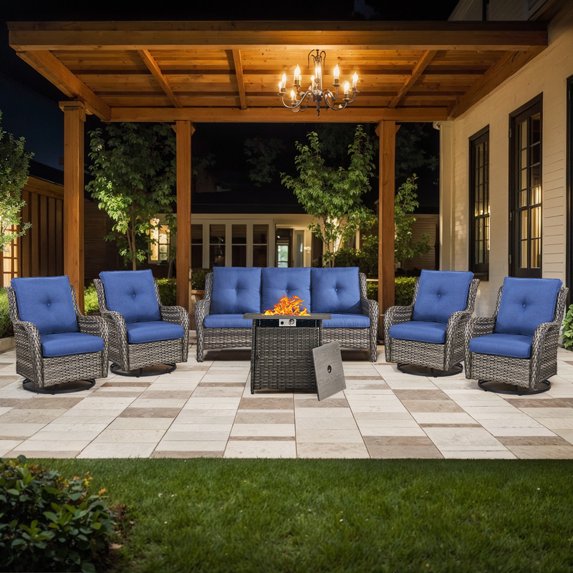 PARKWELL Outdoor Wicker Furniture,6-Piece Luxury Patio Rattan Conversation Set with Fire Pit Table,Weather-Resistant High Back Wicker Sofa and Swivel Glider for Garden Deck,Gray Wicker Navy Cushions