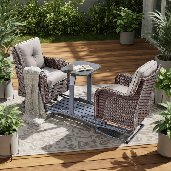 PARKWELL Outdoor Wicker Glider Chairs Set with Center Table, 2 Cushioned Patio Glider Chairs on Sliding Base, Smooth Forward and Back Gliding Motion for Porch, Deck, Backyard, Brown/Beige
