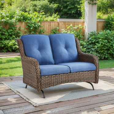 PARKWELL Outdoor Wicker Loveseat Glider with Navy Cushion in Brown Rattan Finish