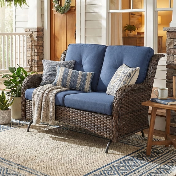 PARKWELL Outdoor Wicker Loveseat Glider with Navy Cushion in Brown Rattan Finish