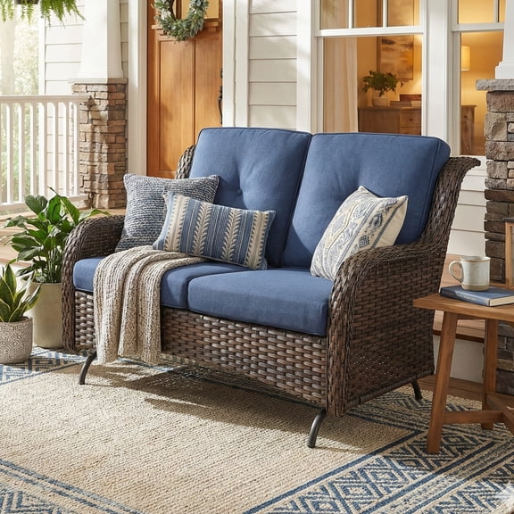 PARKWELL Outdoor Wicker Loveseat Glider with Navy Cushion in Brown Rattan Finish