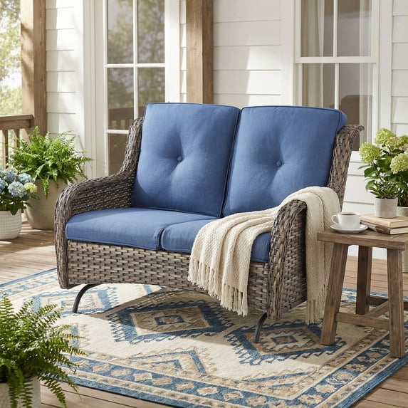 PARKWELL Outdoor Wicker Loveseat Glider with Navy Cushion in Gray Rattan Finish