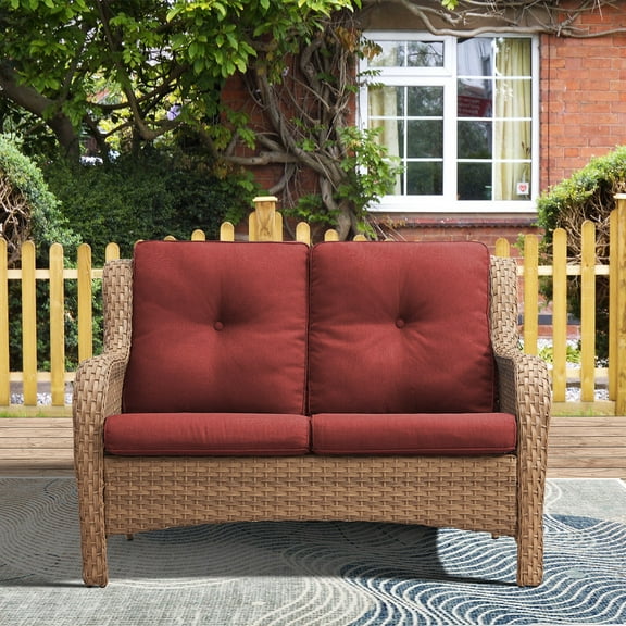 PARKWELL Outdoor Wicker Loveseat Sofa Clearance,Weather Resistant Rattan Cushioned Loveseat with Deep Seat Anti-Slip Cushion