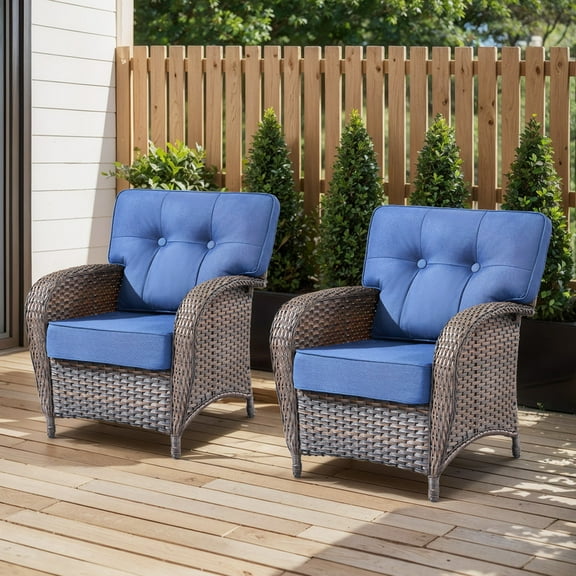 PARKWELL Outdoor Wicker Patio Chairs Set of 2,All-Weather Rattan Deep Seat Lounge Armchairs with Thick Cushions,Navy