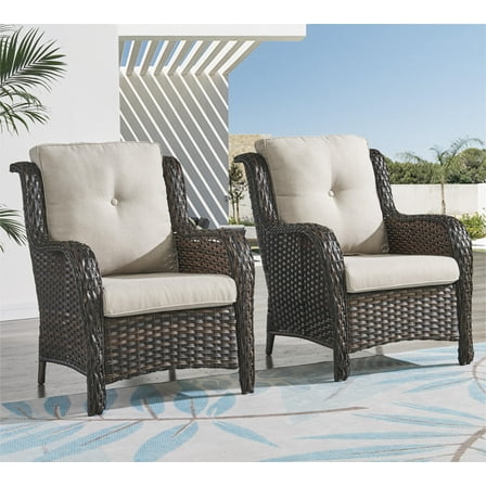 PARKWELL Outdoor Wicker Patio Chairs Set of 2,Lounge Chairs with Cushions for Porch Balcony Backyard Apartment,Brown Wicker and Beige Cushions