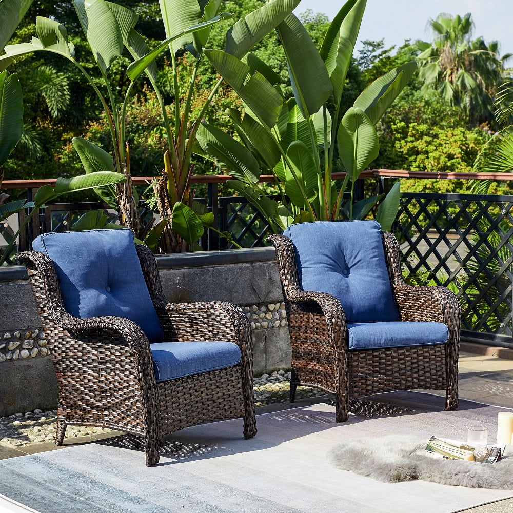 Walmart promo code:  PARKWELL Large Outdoor Rattan Wicker Patio Lounge Chairs Set of 2 with Cushions, Brown & Blue