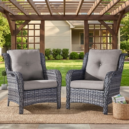 PARKWELL Outdoor Wicker Patio Chairs Set of 2,Lounge Chairs with Cushions for Porch Balcony Backyard,Gray Wicker and Gray Cushions
