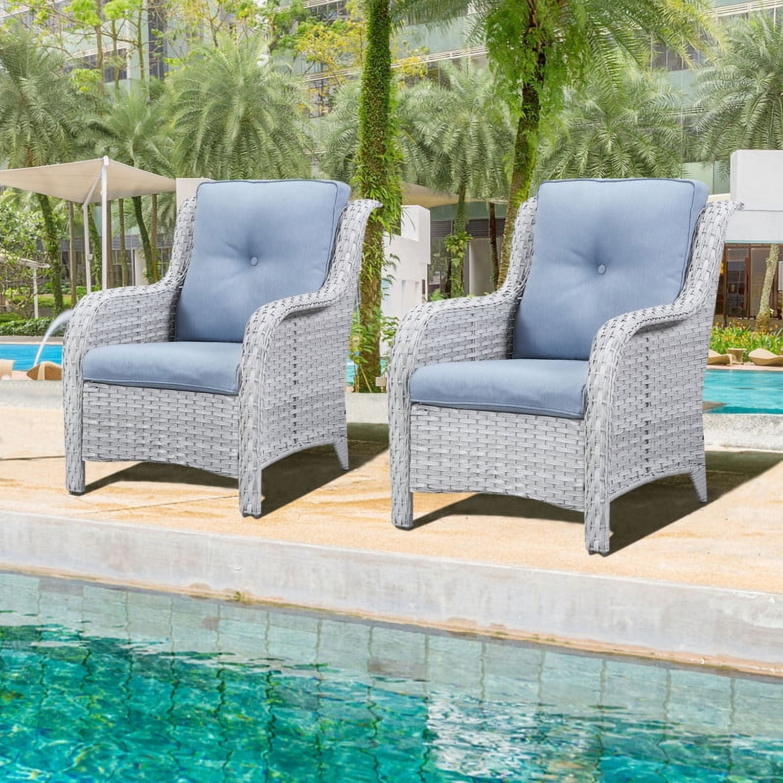 PARKWELL Outdoor Wicker Patio Armchair with Cushions, Gray Wicker and Light Blue Cushions (Set of 2)