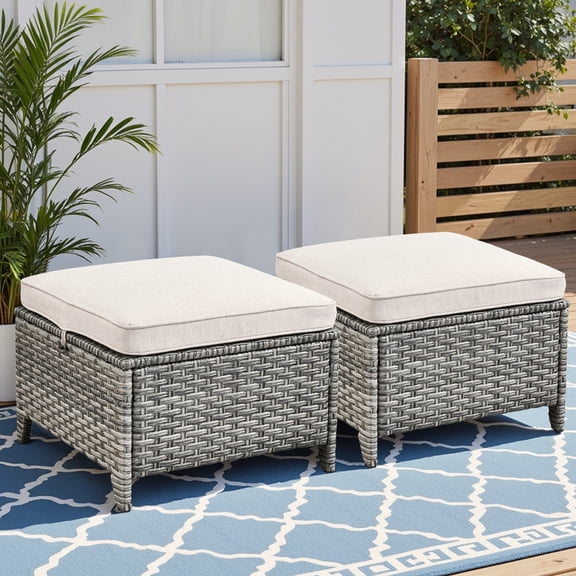 PARKWELL Outdoor Wicker Patio Ottoman Set of 2, Oversized Footstool with Removable Cushions, All-Weather Rattan Footrest Seat for Porch Balcony, Beige