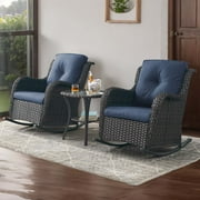 PARKWELL Outdoor Wicker Rocking Chair - 3 Piece Rattan Patio Bistro Set 2 Rocker Chairs and Glass Coffee Side Table - Set of 3 - Blue