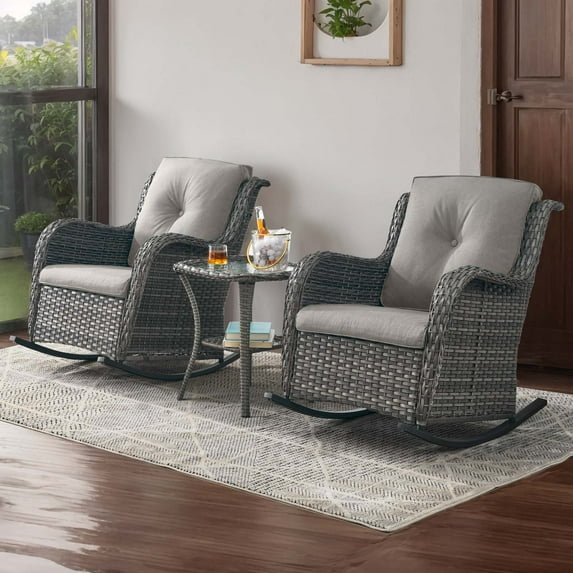 PARKWELL Outdoor Wicker Rocking Chair - 3 Piece Rattan Patio Bistro Set 2 Rocker Chairs and Glass Coffee Side Table - Set of 3 - Gray
