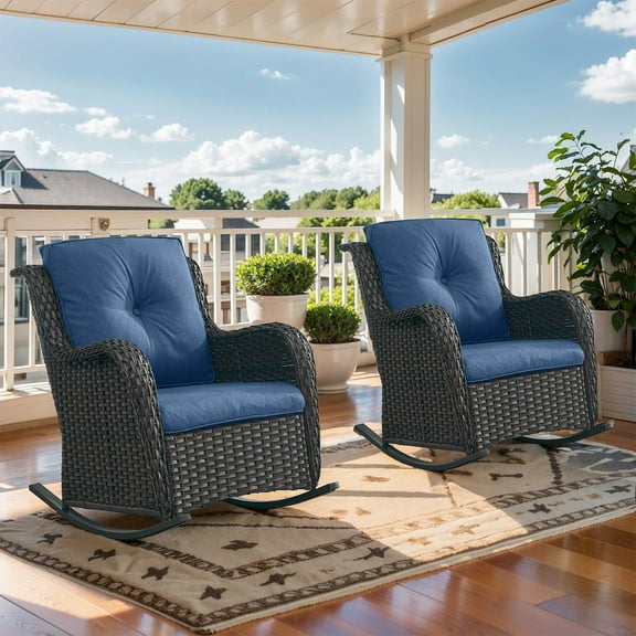 PARKWELL Outdoor Wicker Rocking Chair - Rattan Patio Rocker Chairs with Cushions and Steel Frame - Set of 2 - Blue