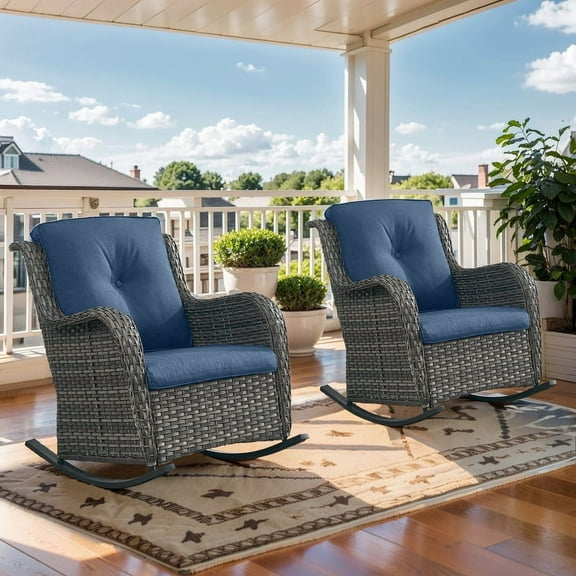 PARKWELL Outdoor Wicker Rocking Chair - Rattan Patio Rocker Chairs with Cushions and Steel Frame - Set of 2 - Blue