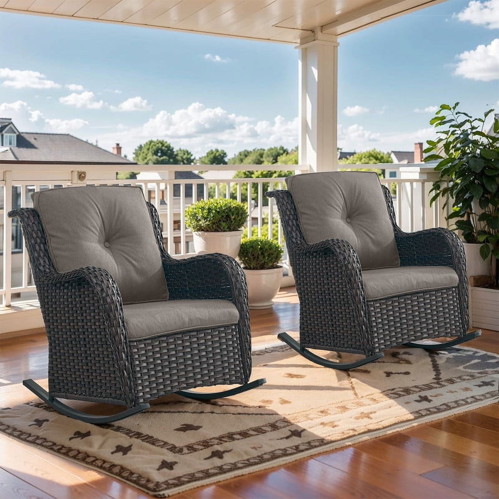 Gray Wicker and Steel Rocking Armchair Set with Cushions