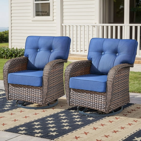 PARKWELL Outdoor Wicker Swivel Glider Chairs Set of 2,All-Weather Rattan Swivel Rocker Lounge Chair with Thick Navy Cushions for Porch Balcony Backyard,Brown Wicker
