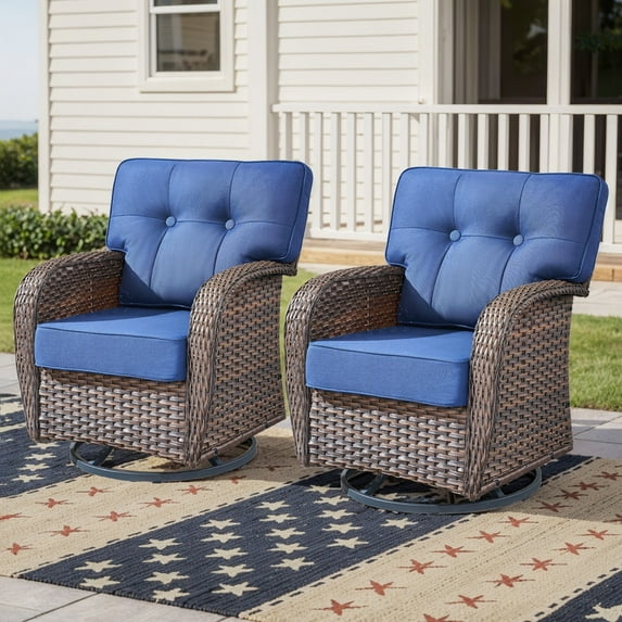 PARKWELL Outdoor Wicker Swivel Glider Chairs Set of 2,All-Weather Rattan Swivel Rocker Lounge Chair with Thick Navy Cushions for Porch Balcony Backyard,Brown Wicker