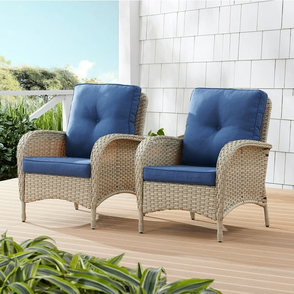PARKWELL Patio Cushioned Chairs Set of 2,Outdoor Wicker Patio Furniture Sets,Blue Cushion