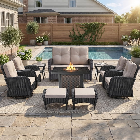 PARKWELL Patio Furniture Set with Propane Fire Pit Table, 10-Piece Outdoor Sectional Conversation Set, Black PE Rattan Patio Loveseat Glider with Swivel Chairs and Ottomans for Porch Deck, Beige