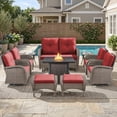 thumbnail image 1 of PARKWELL Patio Furniture Set with Propane Fire Pit Table, 10-Piece Outdoor Sectional Conversation Set, Gray PE Rattan Patio Loveseat Glider with Swivel Chairs and Ottomans for Porch Deck, Red, 1 of 15