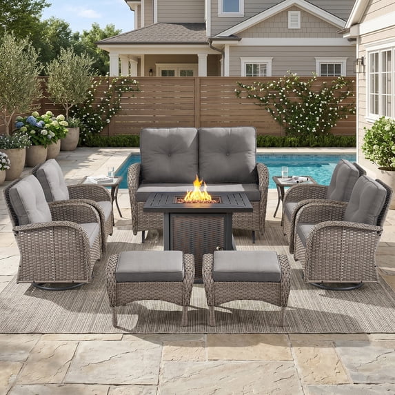 PARKWELL Patio Furniture Set with Propane Fire Pit Table, 10-Piece Outdoor Sectional Conversation Set, Gray PE Rattan Patio Loveseat Glider with Swivel Chairs and Ottomans for Porch Deck, Gray