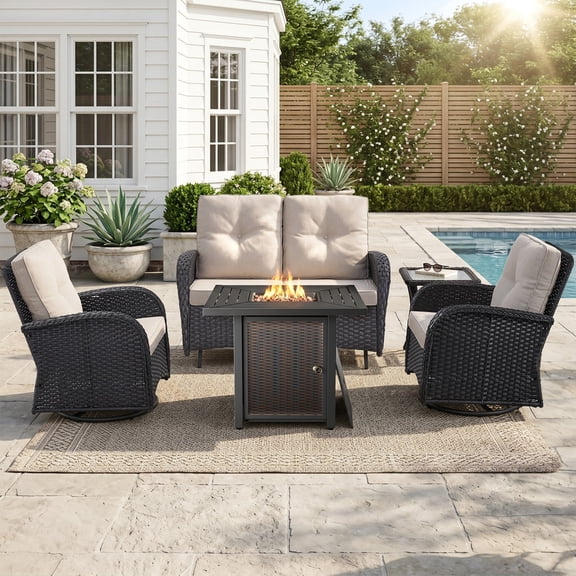 PARKWELL Patio Furniture Set with Propane Fire Pit Table, 5-Piece Outdoor Sectional Conversation Set, Black PE Rattan Patio Loveseat Glider with Swivel Chairs for Patio Backyard Porch Deck, Beige