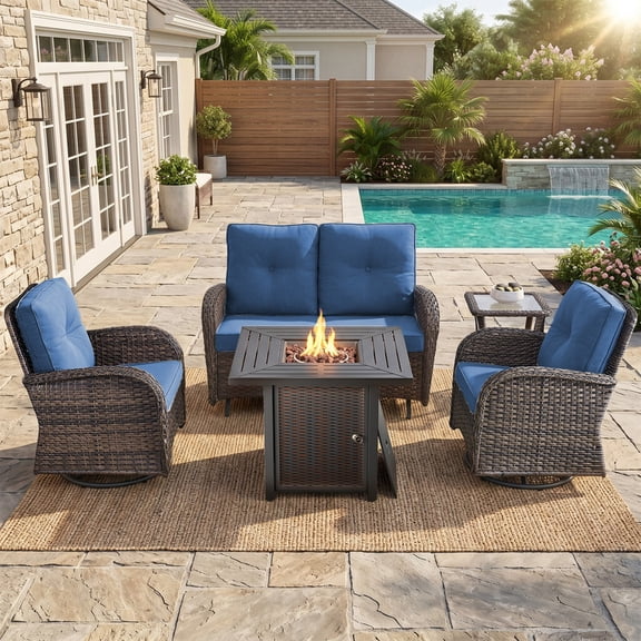 PARKWELL Patio Furniture Set with Propane Fire Pit Table, 5-Piece Outdoor Sectional Conversation Set, Brown PE Rattan Patio Loveseat Glider with Swivel Chairs for Patio Backyard Porch Deck, Navy