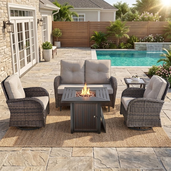 PARKWELL Patio Furniture Set with Propane Fire Pit Table, 5-Piece Outdoor Sectional Conversation Set, Brown PE Rattan Patio Loveseat Glider with Swivel Chairs for Patio Backyard Porch Deck, Beige