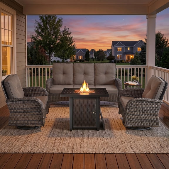PARKWELL Patio Furniture Set with Propane Fire Pit Table, 5-Piece Outdoor Sectional Conversation Set, Brown PE Rattan Patio Sofa with Swivel Chairs for Patio Backyard Porch Deck, Gray