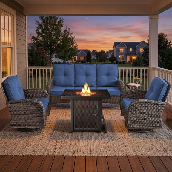 PARKWELL Patio Furniture Set with Propane Fire Pit Table, 5-Piece Outdoor Sectional Conversation Set, Brown PE Rattan Patio Sofa with Swivel Chairs for Patio Backyard Porch Deck, Navy