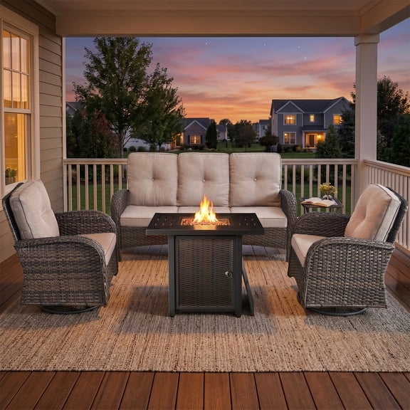 PARKWELL Patio Furniture Set with Propane Fire Pit Table, 5-Piece Outdoor Sectional Conversation Set, Brown PE Rattan Patio Sofa with Swivel Chairs for Patio Backyard Porch Deck, Beige