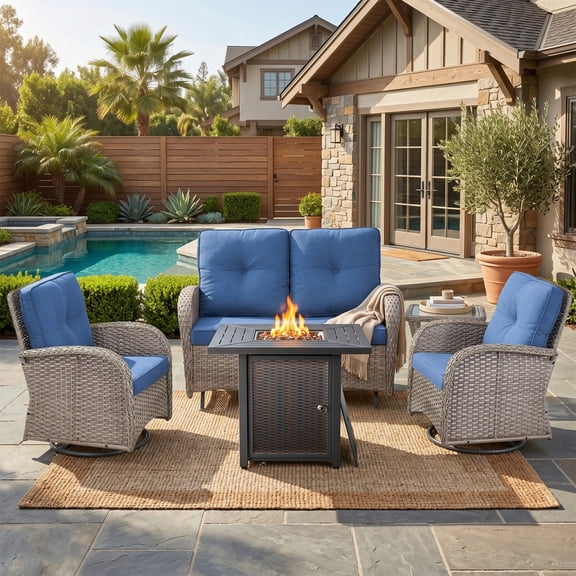 PARKWELL Patio Furniture Set with Propane Fire Pit Table, 5-Piece Outdoor Sectional Conversation Set, Gray PE Rattan Patio Loveseat Glider with Swivel Chairs for Patio Backyard Porch Deck, Navy