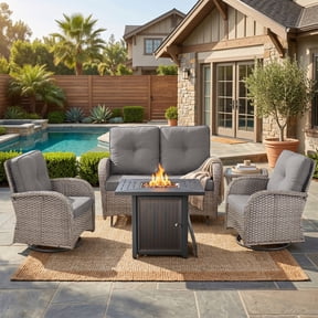 PARKWELL Patio Furniture Set with Propane Fire Pit Table, 5-Piece Outdoor Sectional Conversation Set, Gray PE Rattan Patio Loveseat Glider with Swivel Chairs for Patio Backyard Porch Deck, Gray
