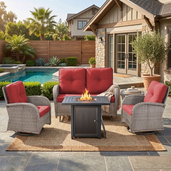 PARKWELL Patio Furniture Set with Propane Fire Pit Table, 5-Piece Outdoor Sectional Conversation Set, Gray PE Rattan Patio Loveseat Glider with Swivel Chairs for Patio Backyard Porch Deck, Red