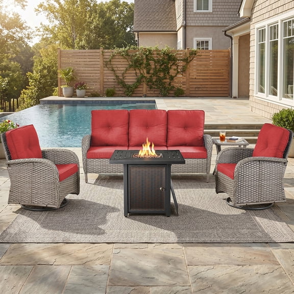 PARKWELL Patio Furniture Set with Propane Fire Pit Table, 5-Piece Outdoor Sectional Conversation Set, Gray PE Rattan Patio Sofa with Swivel Chairs for Patio Backyard Porch Deck, Red