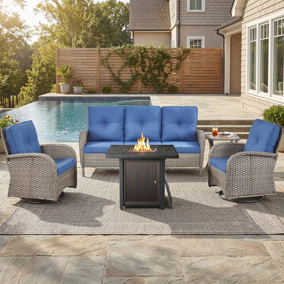 PARKWELL Patio Furniture Set with Propane Fire Pit Table, 5-Piece Outdoor Sectional Conversation Set, Gray PE Rattan Patio Sofa with Swivel Chairs for Patio Backyard Porch Deck, Navy