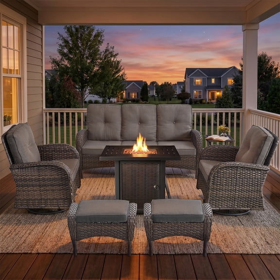 PARKWELL Patio Furniture Set with Propane Fire Pit Table, 7-Piece Outdoor Sectional Conversation Set, Brown PE Rattan Patio Sofa with Swivel Chairs and Ottomans for Patio Backyard Porch Deck, Gray