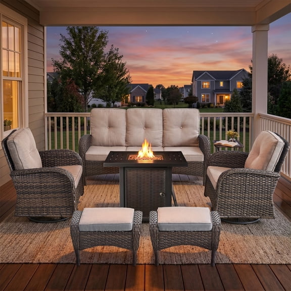 PARKWELL Patio Furniture Set with Propane Fire Pit Table, 7-Piece Outdoor Sectional Conversation Set, Brown PE Rattan Patio Sofa with Swivel Chairs and Ottomans for Patio Backyard Porch Deck, Beige