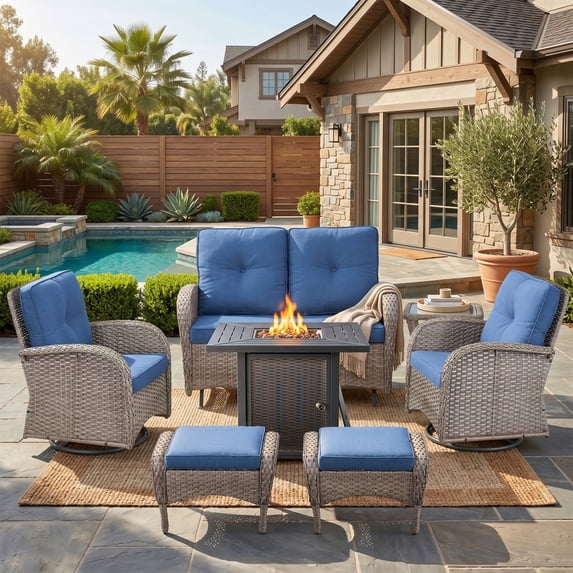 PARKWELL Patio Furniture Set with Propane Fire Pit Table, 7-Piece Outdoor Sectional Conversation Set, Gray PE Rattan Patio Loveseat Glider with Swivel Chairs and Ottomans for Porch Deck, Navy