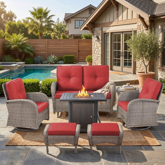PARKWELL Patio Furniture Set with Propane Fire Pit Table, 7-Piece Outdoor Sectional Conversation Set, Gray PE Rattan Patio Loveseat Glider with Swivel Chairs and Ottomans for Porch Deck, Red