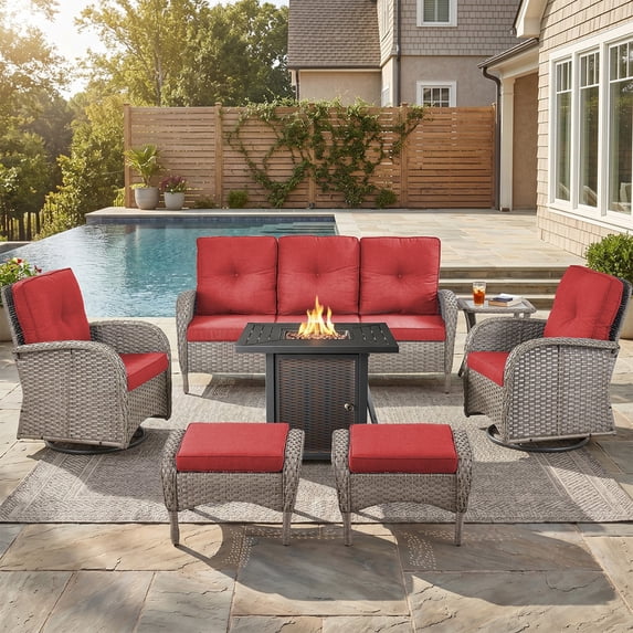 PARKWELL Patio Furniture Set with Propane Fire Pit Table, 7-Piece Outdoor Sectional Conversation Set, Gray PE Rattan Patio Sofa with Swivel Chairs and Ottomans for Patio Backyard Porch Deck, Red