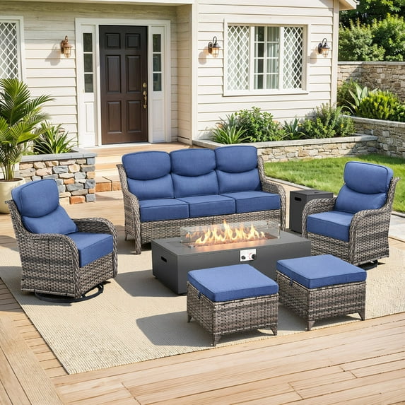 PARKWELL Patio High-Back Furniture Set with Fire Pit Table, Outdoor Luxury Oversized Sectional Swivel Rocker Chairs Sets, Wicker 7-Seat Conversation Set for Porch, Balcony, Deck, Gray/Navy