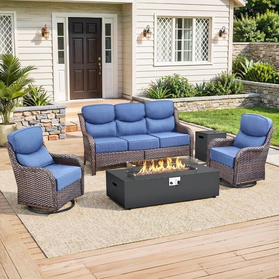 PARKWELL Patio High-Back Furniture Set with Fire Pit Table, Outdoor Luxury Oversized Sectional Swivel Rocker Chairs Sets, Wicker Conversation Set for Porch, Balcony, Deck, Brown/Navy