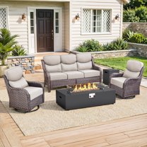 PARKWELL Patio High-Back Furniture Set with Fire Pit Table, Outdoor Luxury Oversized Sectional Swivel Rocker Chairs Sets, Wicker Conversation Set for Porch, Balcony, Deck, Brown/Beige