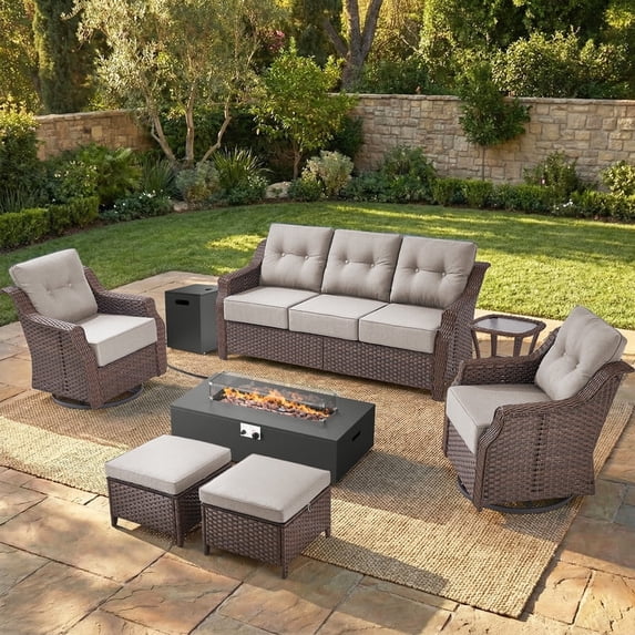 PARKWELL Patio High-Back Furniture Set with Fire Pit Table, Outdoor Sectional Swivel Rocker Chairs Sets with 6-Inch Cushions, Wicker 7-Seat Conversation Set for Porch, Balcony, Deck, Brown/Beige