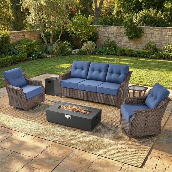 PARKWELL Patio High-Back Furniture Set with Fire Pit Table, Outdoor Sectional Swivel Rocker Chairs Sets with Luxury 6-Inch Cushions, Wicker Conversation Set for Porch, Balcony, Deck, Brown/Navy