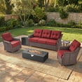 thumbnail image 1 of PARKWELL Patio High-Back Furniture Set with Fire Pit Table, Outdoor Sectional Swivel Rocker Chairs Sets with Luxury 6-Inch Cushions, Wicker Conversation Set for Porch, Balcony, Deck, Brown/Red, 1 of 12