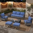 thumbnail image 1 of PARKWELL Patio Luxury Oversized Furniture Set with Fire Pit Table, Outdoor All-Weather Sectional Swivel Rocker Chairs Sets, Wicker 7-Seat Conversation Set for Porch, Balcony, Deck, Gray/Navy, 1 of 12