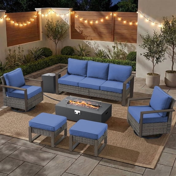PARKWELL Patio Luxury Oversized Furniture Set with Fire Pit Table, Outdoor All-Weather Sectional Swivel Rocker Chairs Sets, Wicker 7-Seat Conversation Set for Porch, Balcony, Deck, Gray/Navy