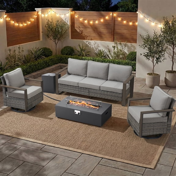 PARKWELL Patio Luxury Oversized Furniture Set with Fire Pit Table, Outdoor All-Weather Sectional Swivel Rocker Chairs Sets, Wicker Conversation Set for Porch, Balcony, Deck, Gray/Gray