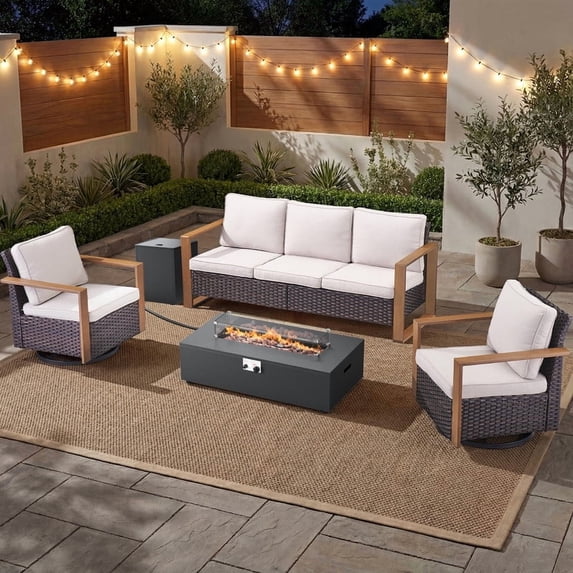 PARKWELL Patio Luxury Oversized Furniture Set with Fire Pit Table, Outdoor All-Weather Sectional Swivel Rocker Chairs Sets, Wicker Conversation Set for Porch, Balcony, Deck, Brown/Beige